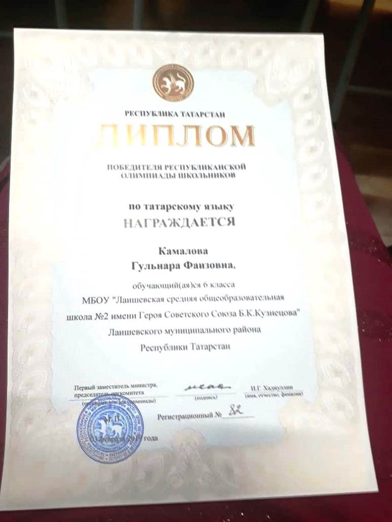 Ученица Лаишевской СОШ №2 – победительница республиканской олимпиады по татарскому языку