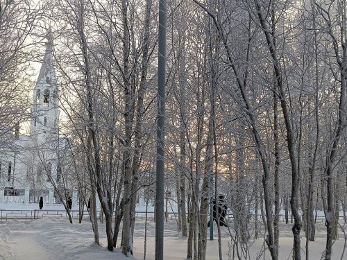 Город в декабрьской утренней неге, постепенно просыпается природа
