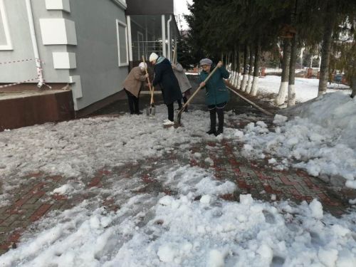 В Лаишеве люди массово вышли на очистку территорий вокруг своих организаций от снега