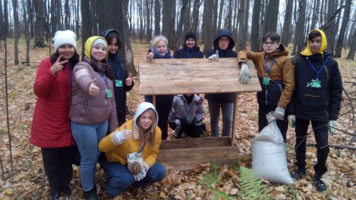 Лаишевские школьники устанавливают кормушки для лесных жителей