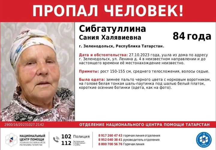 В Зеленодольске пропала пожилая женщина