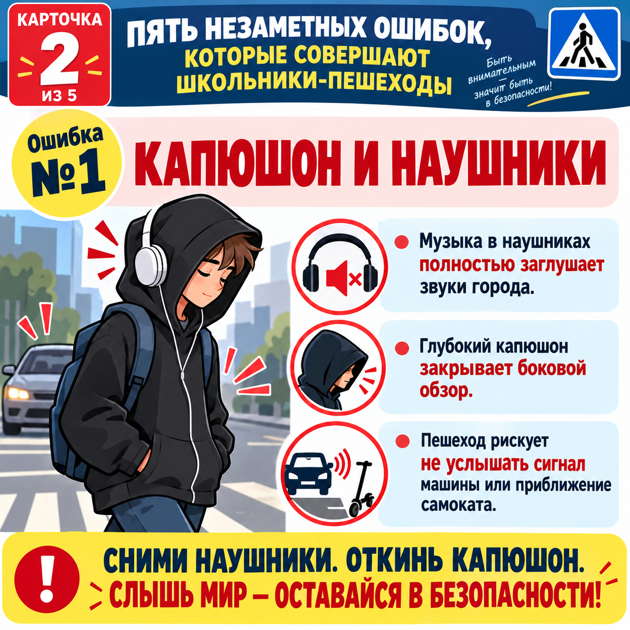 Спрятались в капюшон: названы главные ошибки детей-пешеходов, ведущие к ДТП