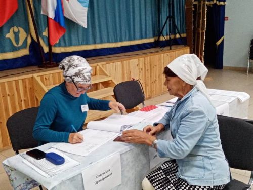 Флаги страны, республики и района гордо возвышались в день выборов на сцене зала Именьковского сельского клуба